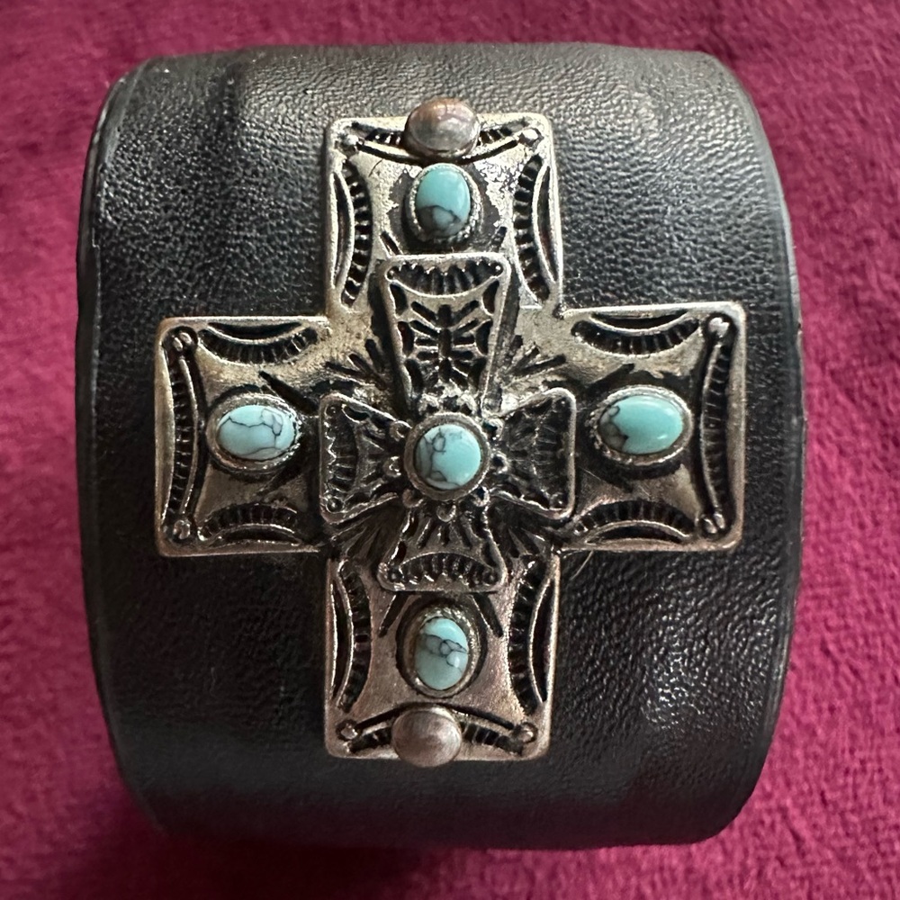 CROSS CUFF BRACELET- BLACK W/ DESIGNED HAMMERED STEEL & GORGEOUS TURQUOISE JEWEL